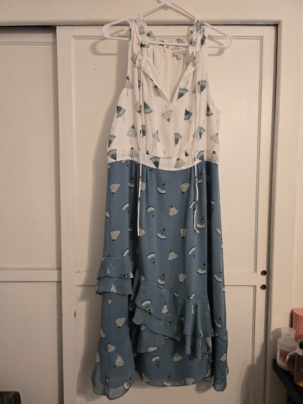 New York & Company Blue and White Printed Tiered Maxi Dress